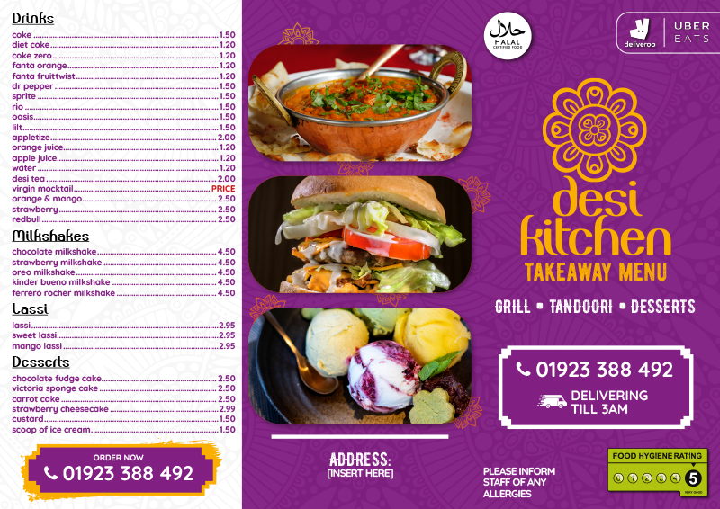 Desi kitchen restaurant menu outside purple
