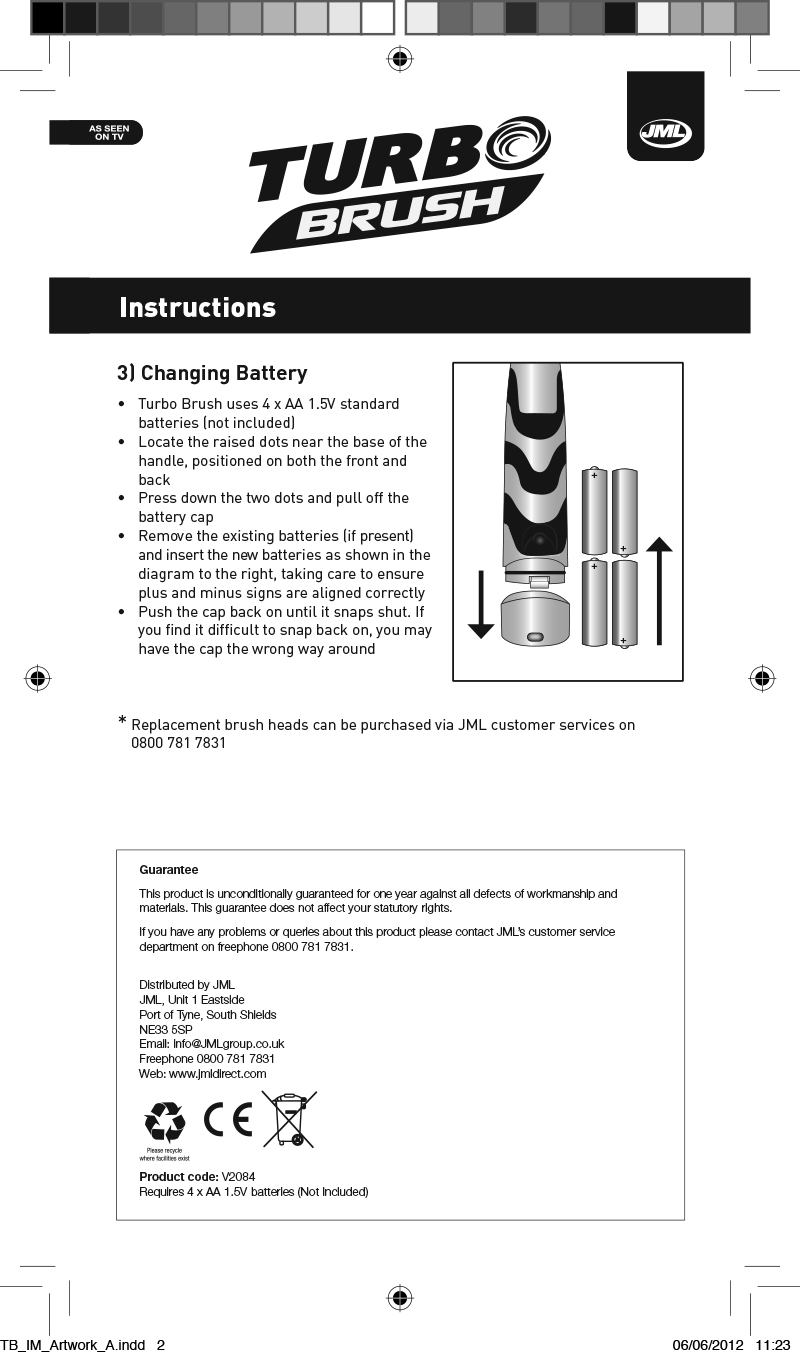 Turbobrush instructions leaflet reverse